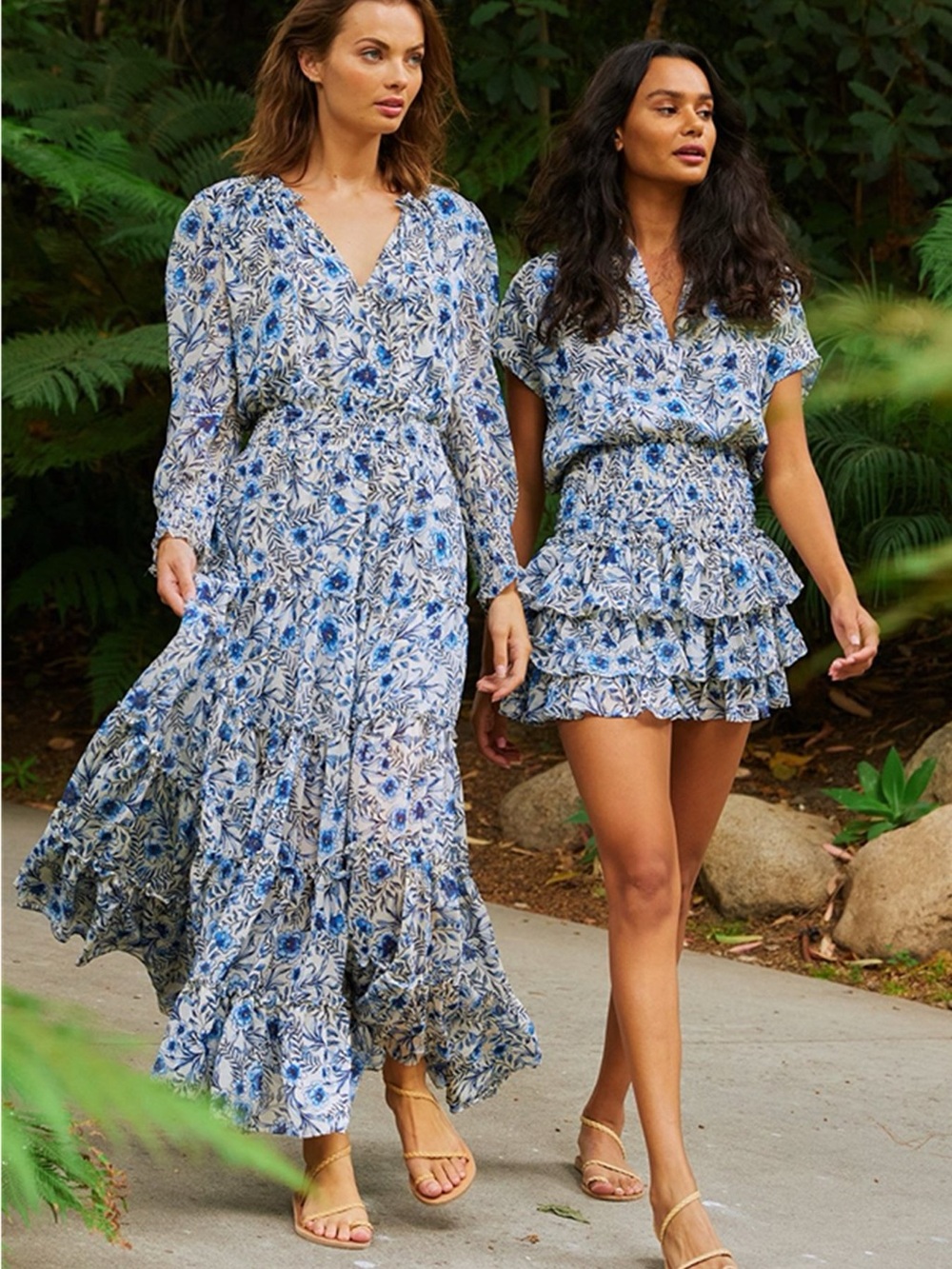 MISA Blue Flora Tiered Long Dress
